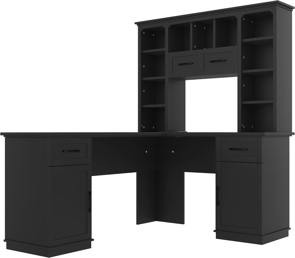 Versatile L-Shaped Computer Desk with 2 Cabinets and 2 Drawers, Power Outlet,11 Open Shelves and 1 Right Flip Shelf,for Study Living Room Office (Black#Drawers)