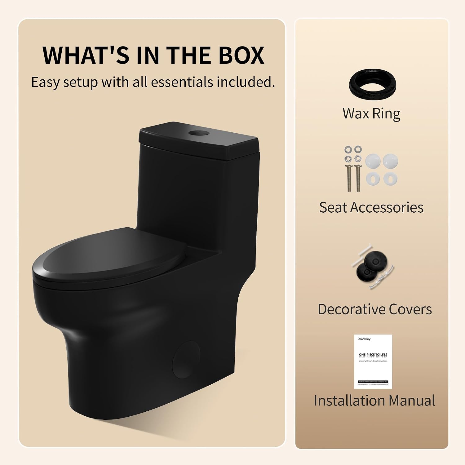 DeerValley Black One Piece Toilet with Efficient Dual Flush 1.1/1.6 GPF | Standard Height Toilet Bowl, Durable Ceramic, Slow Close Seat, Skirted Design 12' Rough-In Toilet for Bathroom DV-1F026B