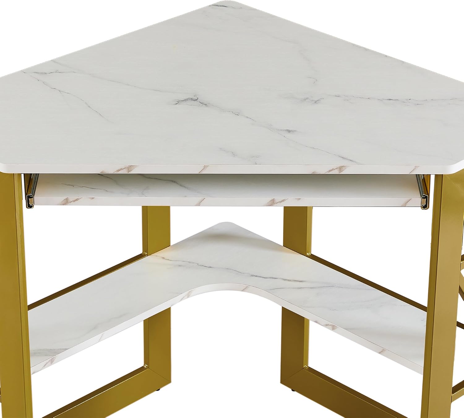 VECELO Corner Desk Computer Desk Writing Table with Smooth Keyboard Tray & Storage Shelves,Compact Home Office Triangle Table,Gold & White