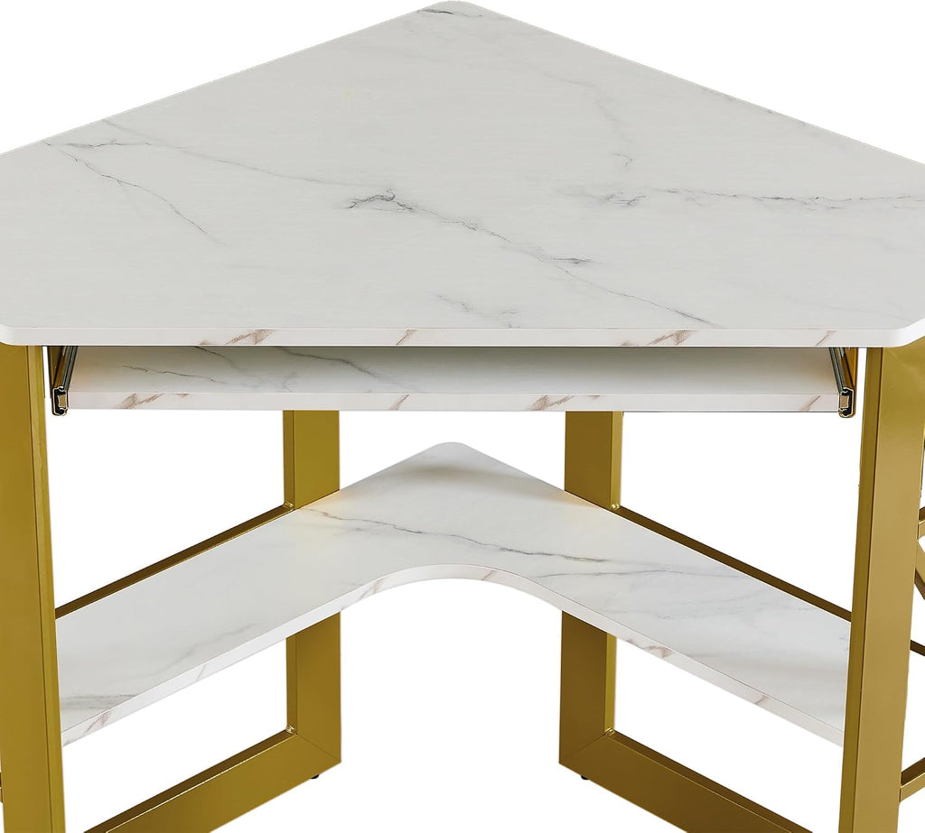 VECELO Corner Desk Computer Desk Writing Table with Smooth Keyboard Tray & Storage Shelves for Small Spaces,Compact Home Office Triangle Table,Gold & White