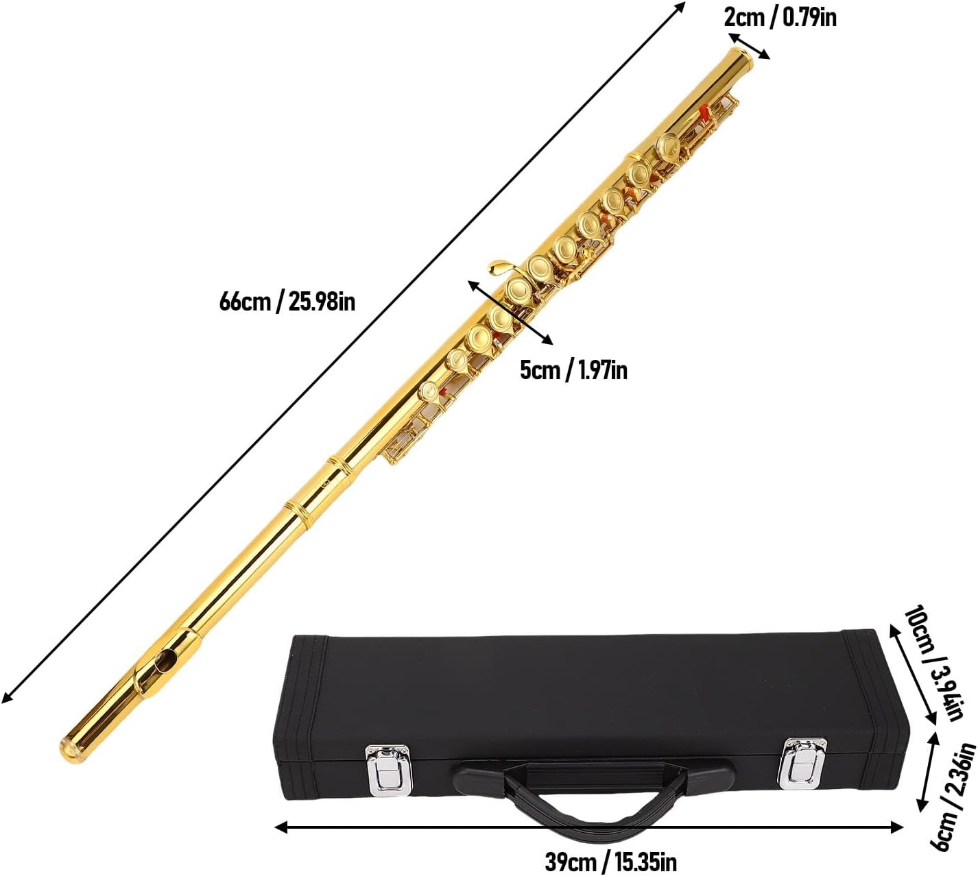 16 Keys C Flute Professional Closed Hole Cupronickel Flute Instrument with Split E Key Ergonomic Design for Beginner Student Adult Orchestra Performance Gold
