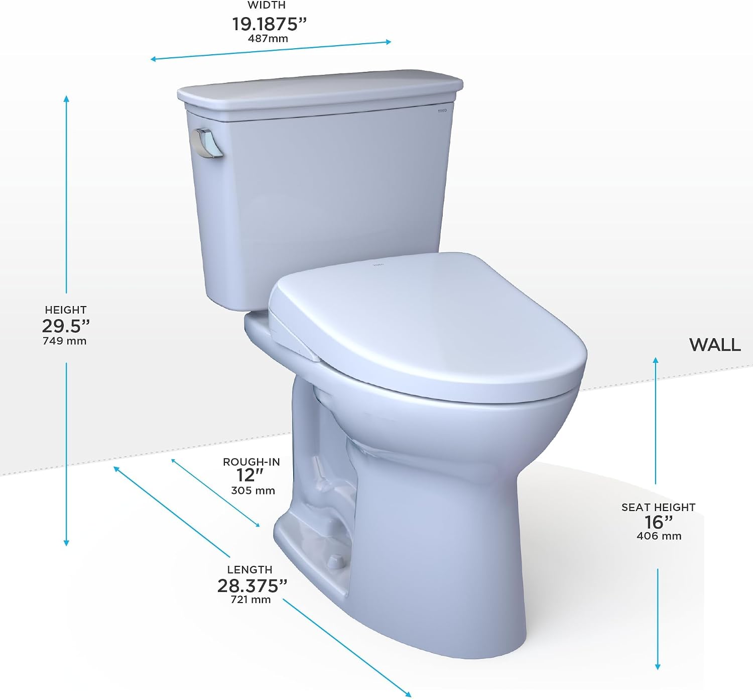 TOTO® Drake® Transitional WASHLET®+ Two-Piece Elongated 1.28 GPF Universal Height TORNADO FLUSH® Toilet with S7A Contemporary Bidet Seat, Cotton White - MW7864736CEFG#01