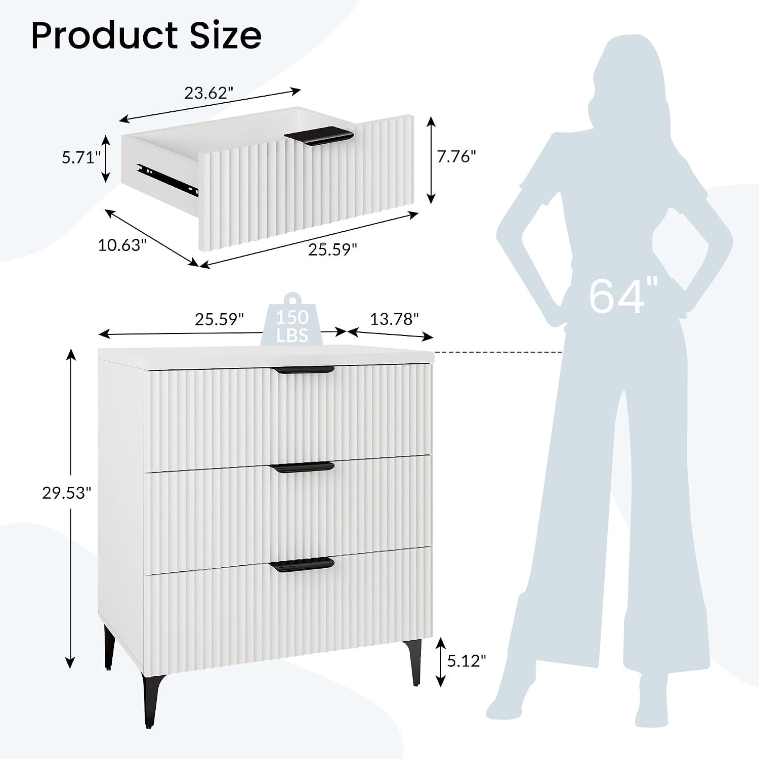 25.6' W Fluted Nightstand with 3 Drawer, Modern Wood Night Stands Bedside Table for Bedroom King/Queen Bed, End Table with Robot-Friendly Legs for Living Room,Entry (3 Drawers-1pcs-White)