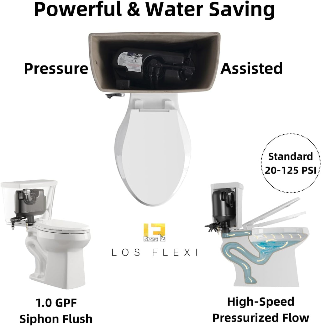 Pressure Assisted Toilet with 18.8' Comfort Tall Height, Los Flexi Two Piece Toilet With Powerful Flush, ADA & Elongated Bowl, 1.0 GPF Water Saving Siphon Flush, 12' Rough-In & Easy Installation
