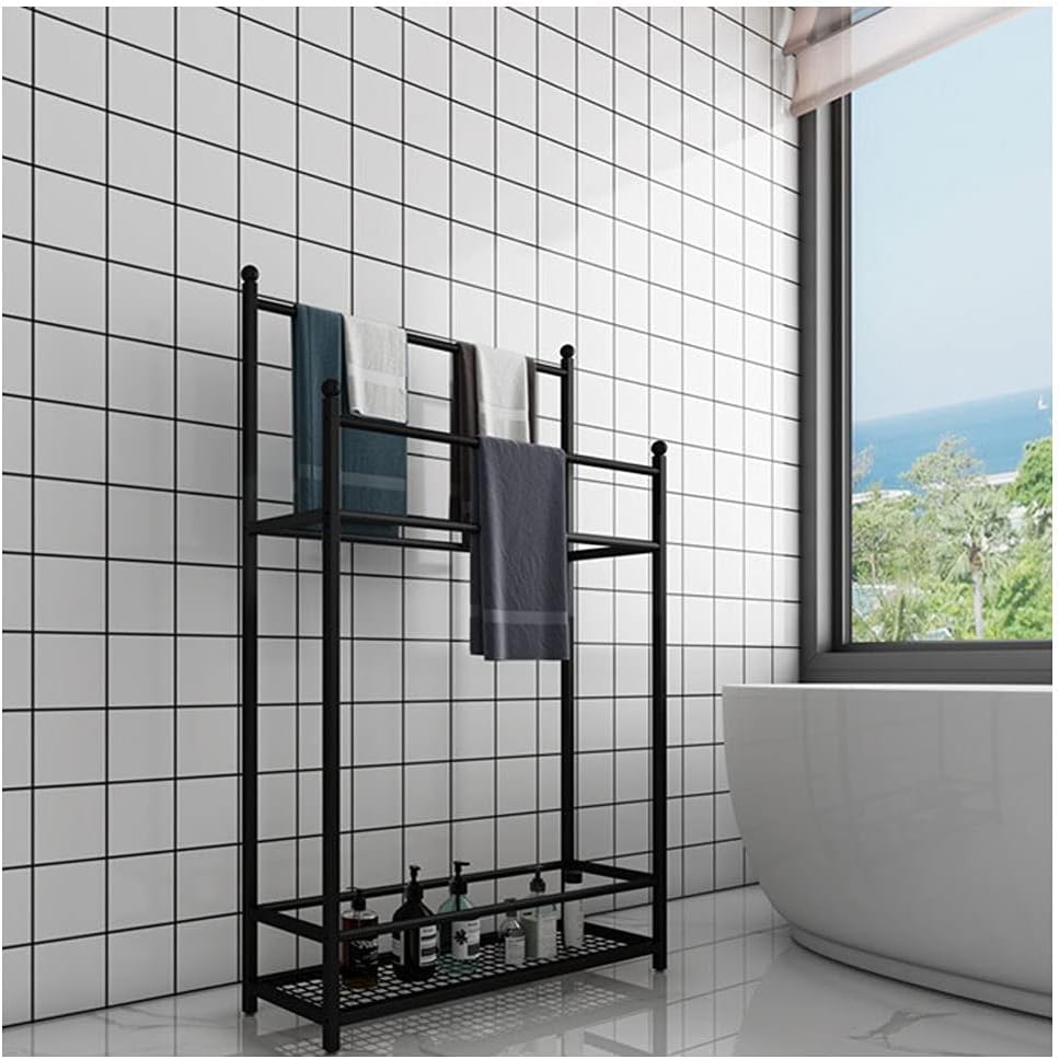 Exquisite Bathroom Shelves Beach Towel Drying Rack Freestanding Outdoor Towel Holder Stand with Bottom Storage Shelf and 4 Bars, Metal Towel Ladder Rack for Bathroom, Kitchen, Washroom
