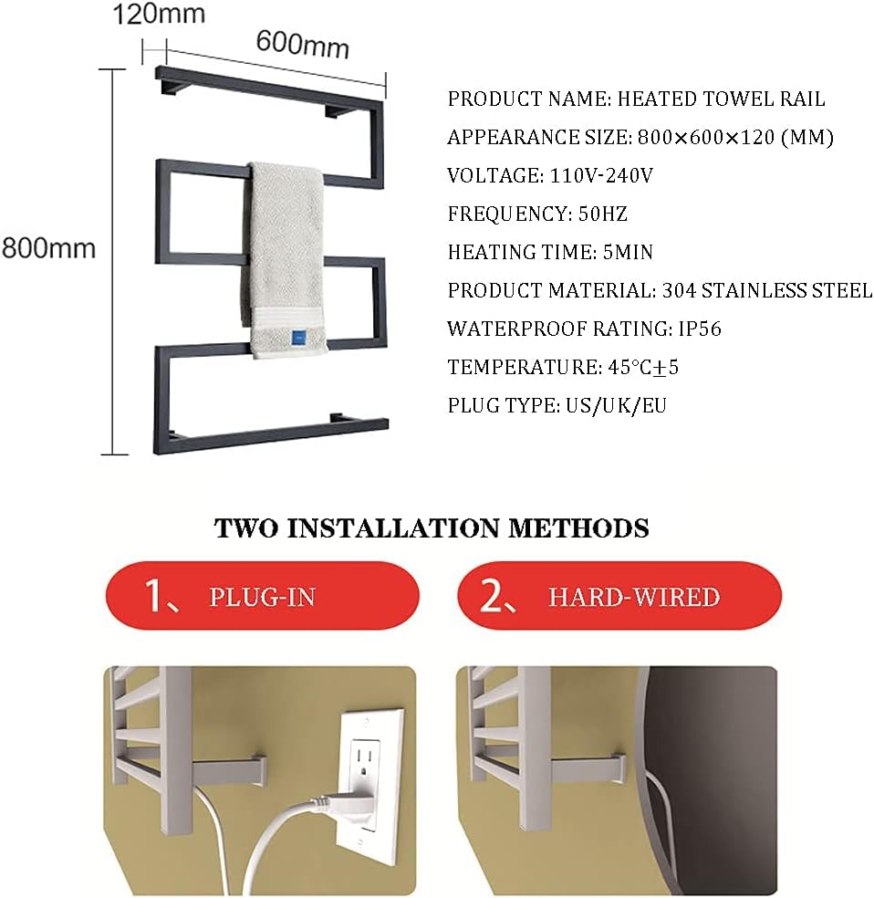 Heated Towel Warmer Racks Wall Mounted Electric Towel Warmer with 5 Bars Electric Towel Rack Stainless Steel Heated Towel Rails, 90W Low Power Consumption Towel Dryer,Chrome,Plug in
