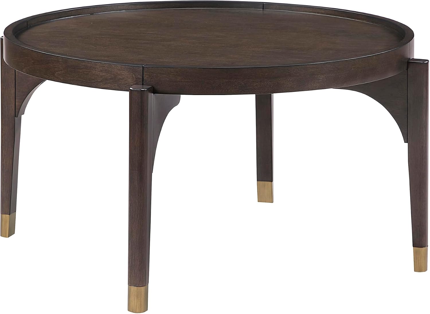 Lexicon Round Wood Coffee Table with Gold Metal Cap, 36' Dia. Mid Century Modern Round Birch Wood Veneer Accent Table for Contemporary Living Room, Easy Assembly, Dark Brown