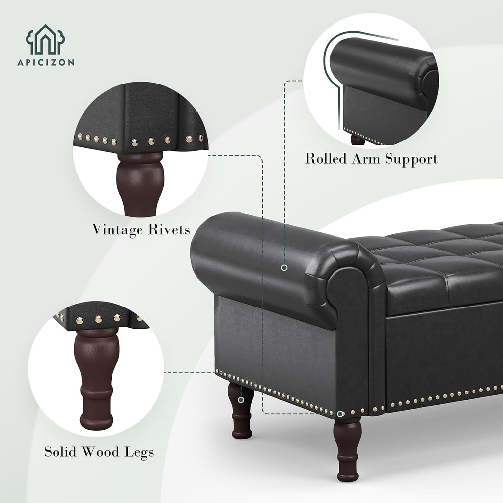 Apicizon 60' Bench with Storage, Queen Size Faux Leather End of Bed Bench with Tufted Button, Ottoman Bench with Rolled Arms & Vintage Rivets for Foot of Bed, Living Room, Entrance, Black