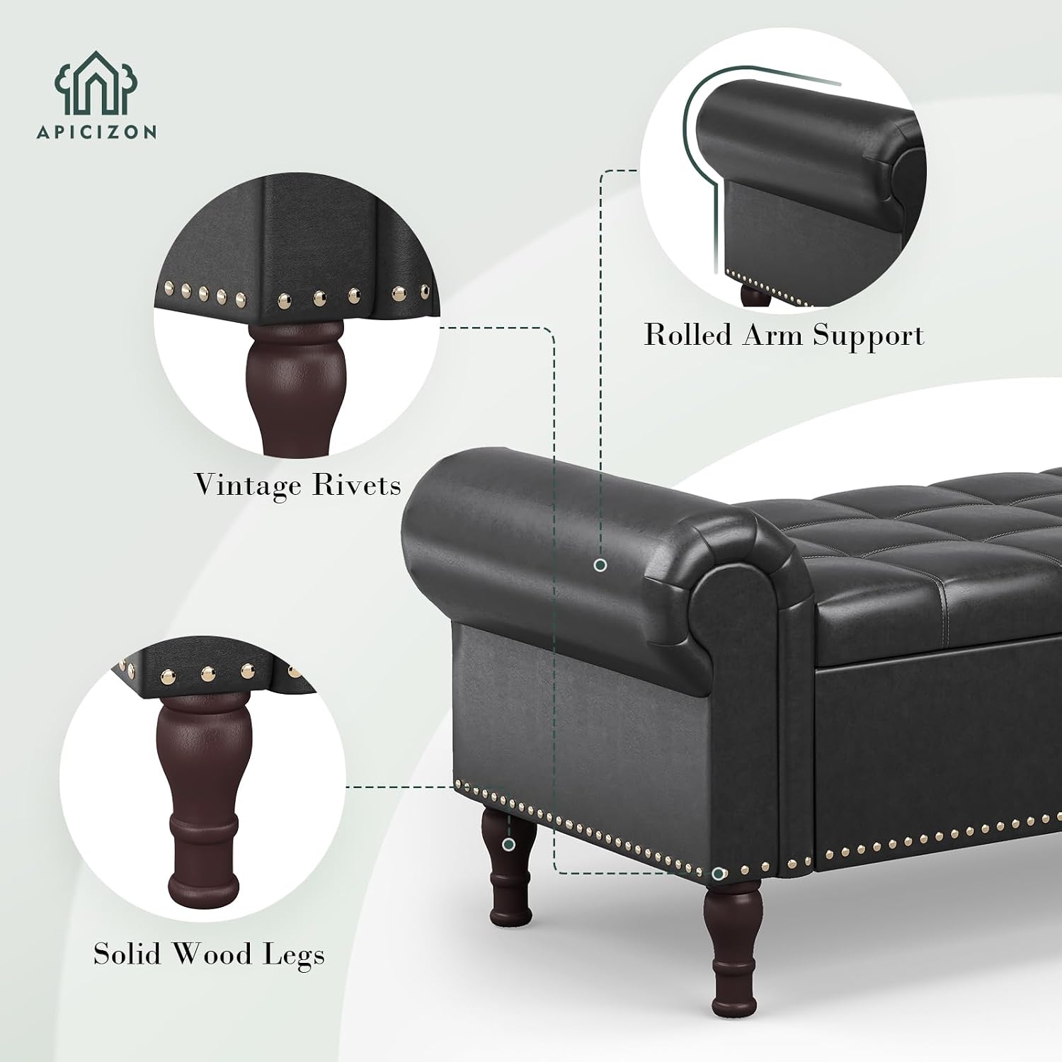 Apicizon 60' Bench with Storage, Queen Size Faux Leather End of Bed Bench with Tufted Button, Ottoman Bench with Rolled Arms & Vintage Rivets for Foot of Bed, Living Room, Entrance, Black