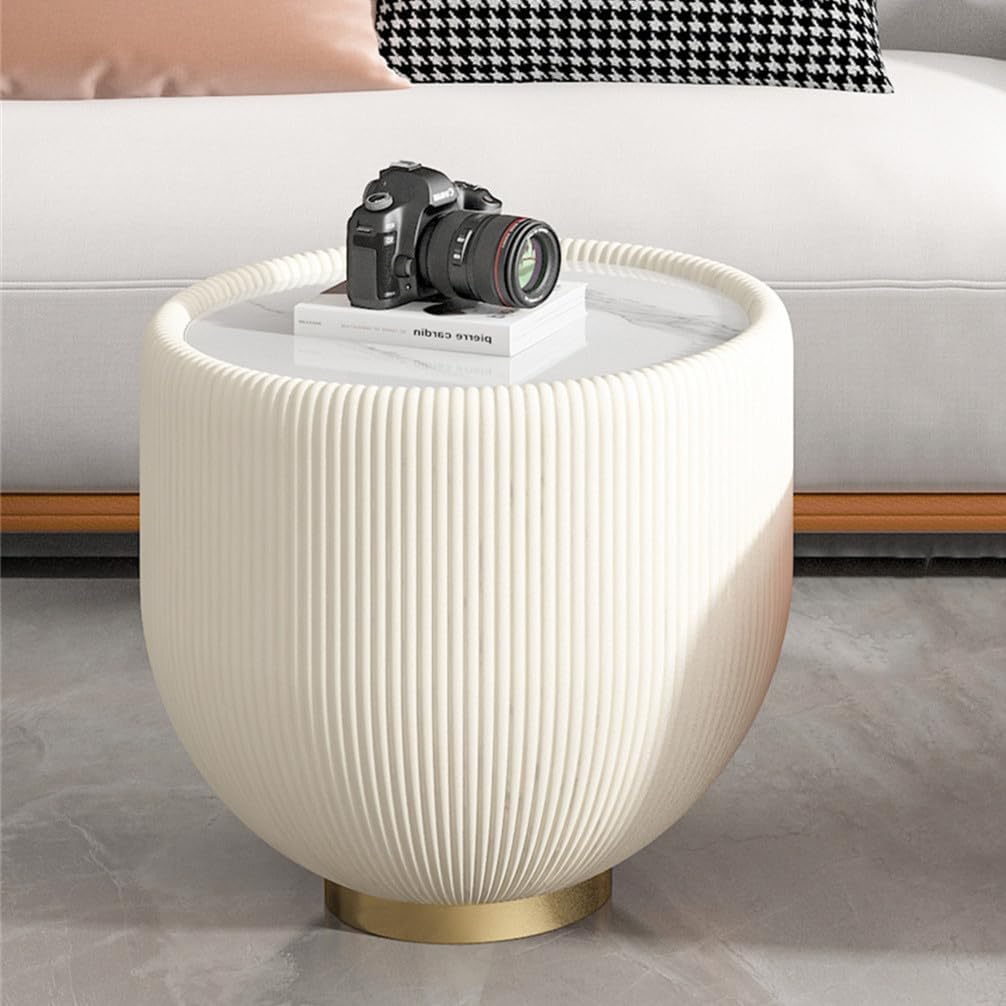 Modern Round End Table Luxury Sintered Stone Top Coffee Table in Cream White Leatherette Creative Bowl-Shape Small Coffee Side End Table for Living Room Bedroom,Fully Assembled