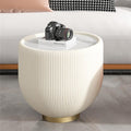 Modern Round End Table Luxury Sintered Stone Top Coffee Table in Cream White Leatherette Creative Bowl-Shape Small Coffee Side End Table for Living Room Bedroom,Fully Assembled