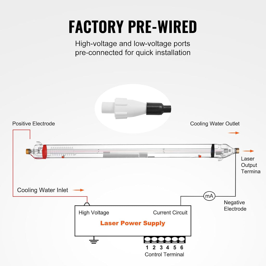 VEVOR 90W CO2 Laser Tube, 49.2 in (1250 mm) Length, 3.1 in (80 mm) Dia Borosilicate Glass Laser Cutter Tube with Metal Head, 10,000hr Wires Preconnected for Laser Engraver Engraving Cutting Machine