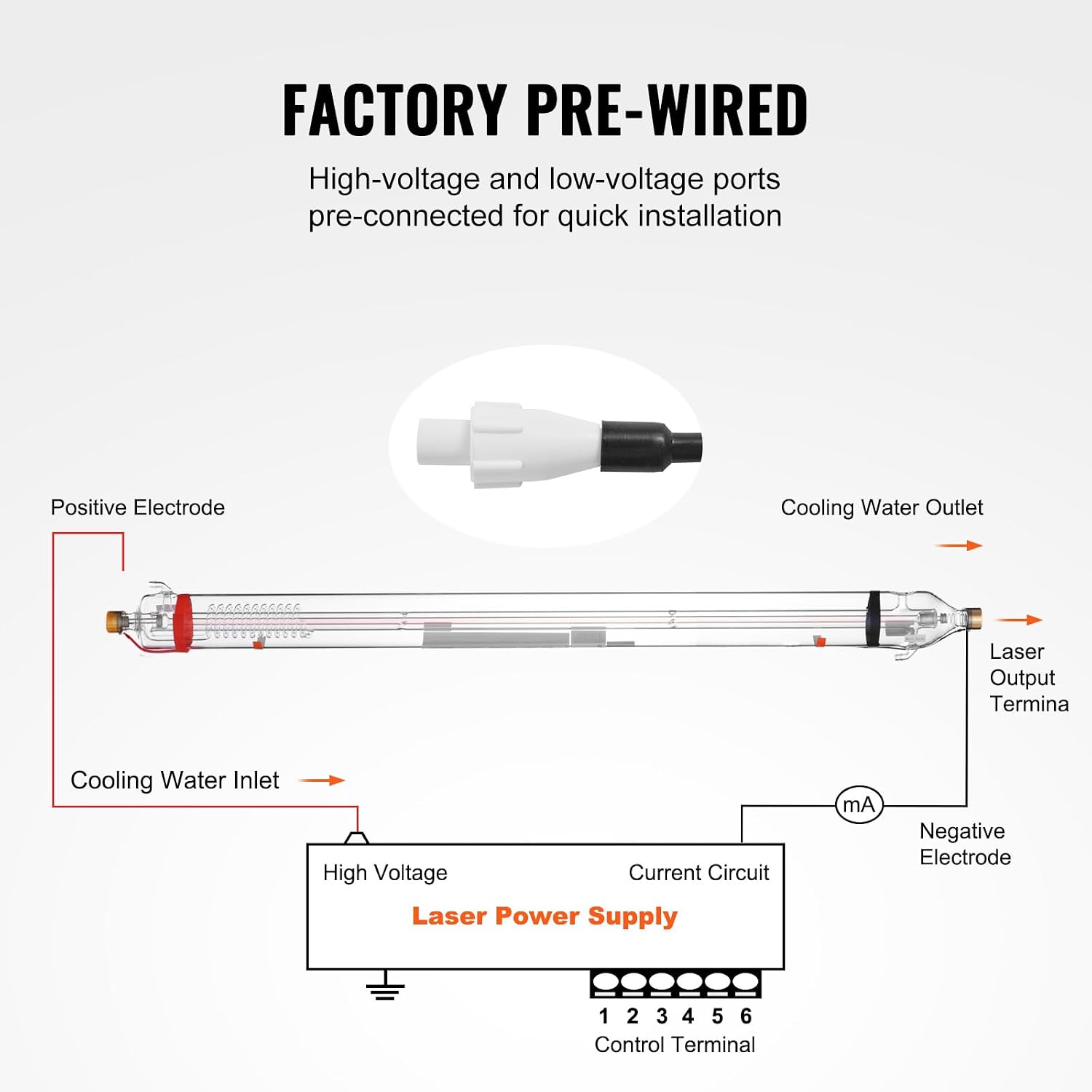 VEVOR 90W CO2 Laser Tube, 49.2 in (1250 mm) Length, 3.1 in (80 mm) Dia Borosilicate Glass Laser Cutter Tube with Metal Head, 10,000hr Wires Preconnected for Laser Engraver Engraving Cutting Machine