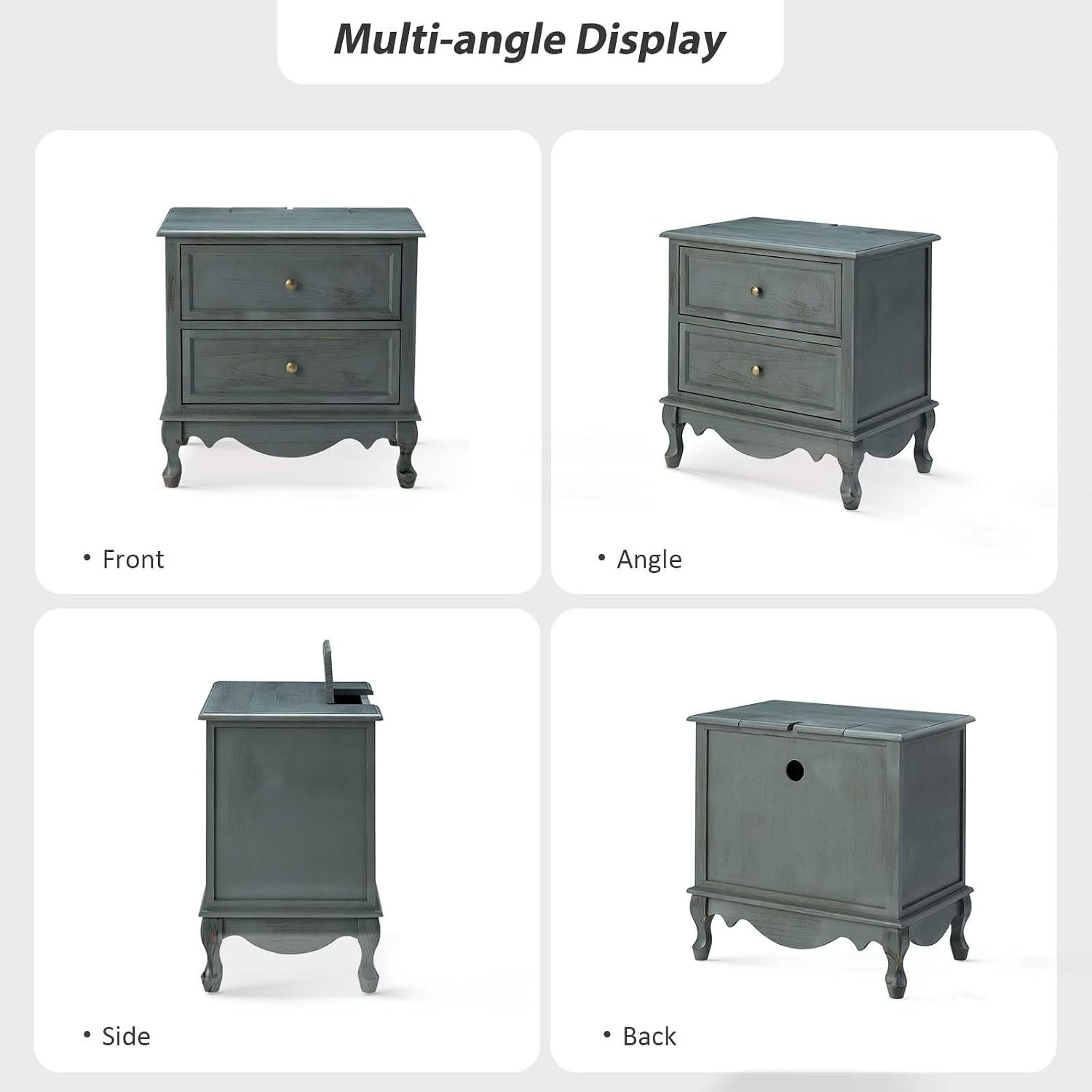 HULALA HOME Solid Wood End Tables Set of 2 with Charging Station Space, Vintage Endtables with Wood Legs and 2 Drawers, French Side Tables for Living Room, Blue