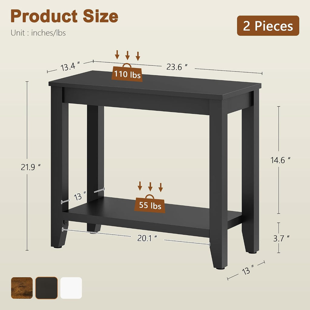 Hoctieon End Table with Double Storage Shelves, Sturdy Wooden Side Table for Living Room, Bedroom, Modern Nightstand Sofa Table for Small Spaces, Black, Set of 2
