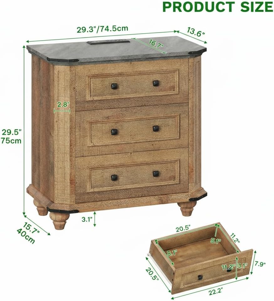 YITAHOME Nightstand Set of 2 with Charging Station, Farmhouse Side Table with 3 Drawers & USB Ports & Outlets, Night Stand Bed Side End Table with Storage for Bedroom Living Room Dorm Small Space