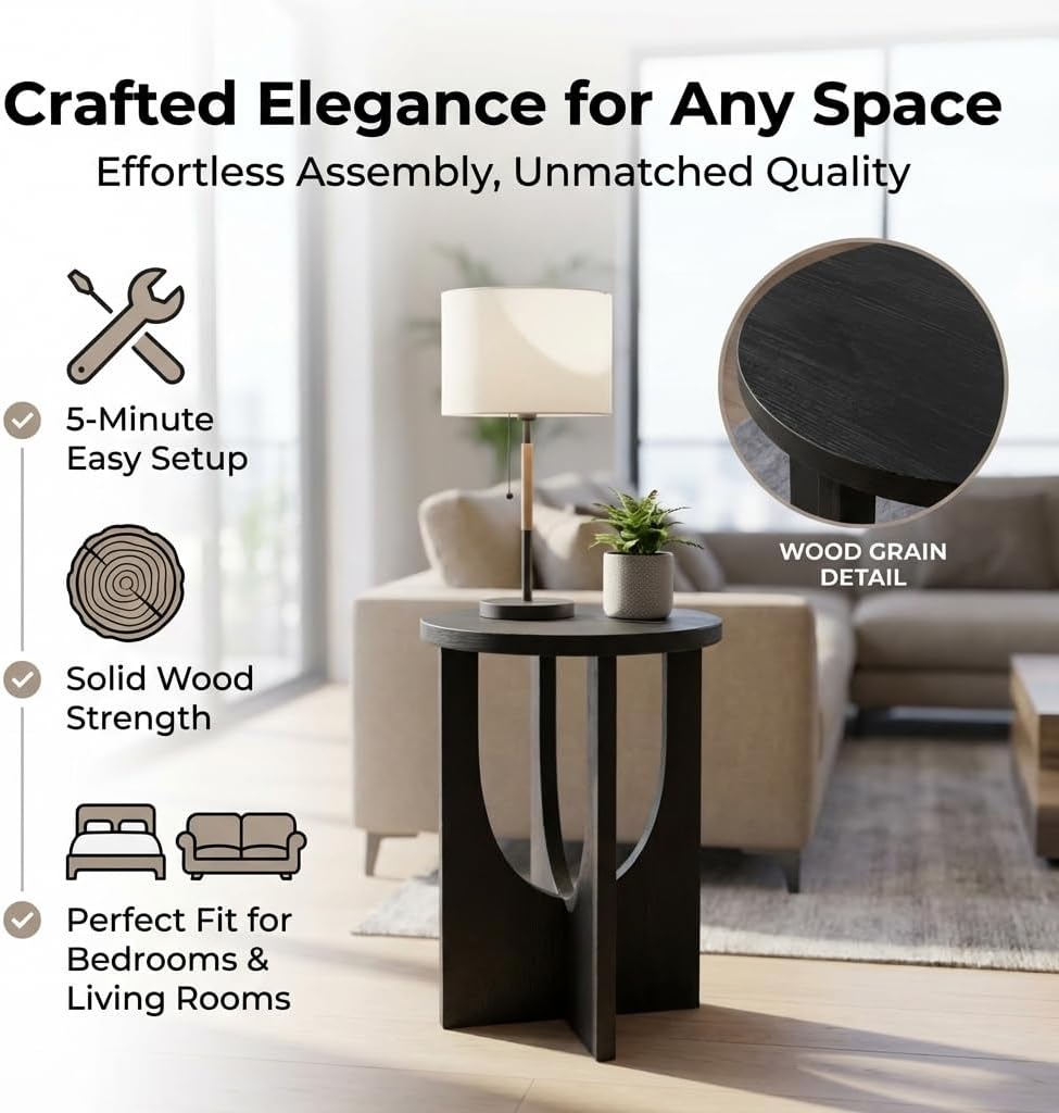 Stupa Solid Wood End Table – 22' Tall Round Side Table for Living Room or Bedroom, Handcrafted Accent Table in Distressed Black Finish, Easy Assembly, Modern Minimalist Design for Small Spaces