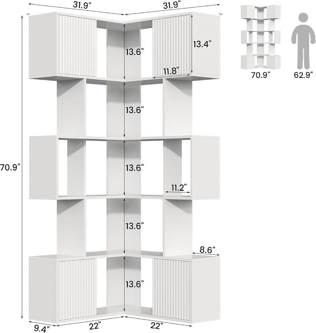 71 inch Corner Bookshelf, 5 Tier Storage Bookcase, L-Shaped Cube Bookshelf, Wood Modern Book Shelf Organizer for Living Room/Home Office/Bedroom Display Unit, White