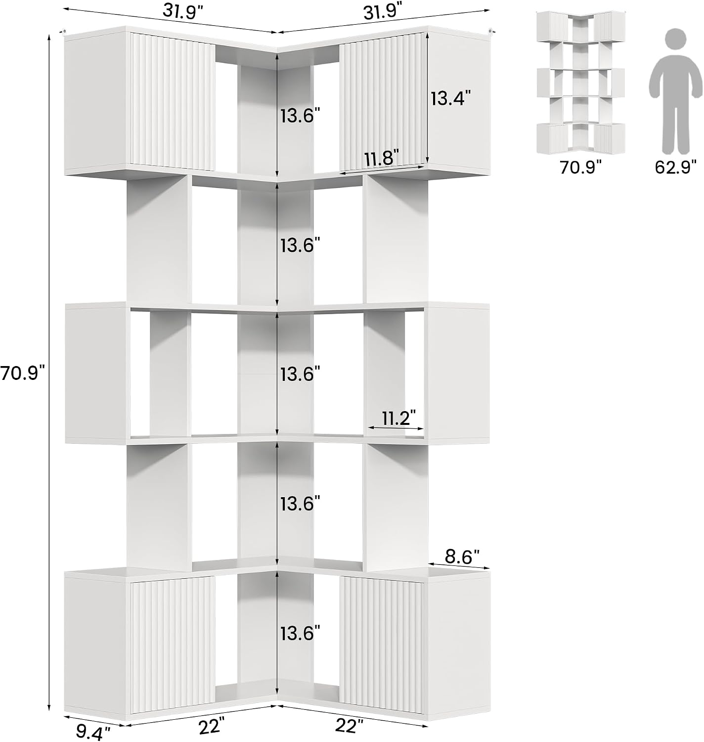71 inch Corner Bookshelf, 5 Tier Storage Bookcase, L-Shaped Cube Bookshelf, Wood Modern Book Shelf Organizer for Living Room/Home Office/Bedroom Display Unit, White