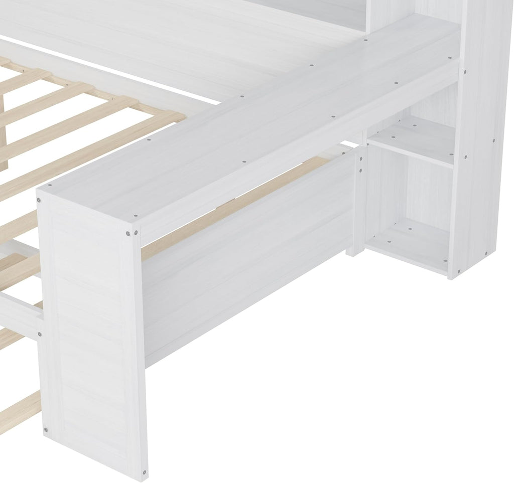 Wooden Full Size Corner Day Bed with Twin Trundle and Desk,L Shape Corner Daybed Frame with Storage Shelves and Wood Slat Support for Kids Teens Bedroom Guest Room,No Box Spring Needed,Antique White