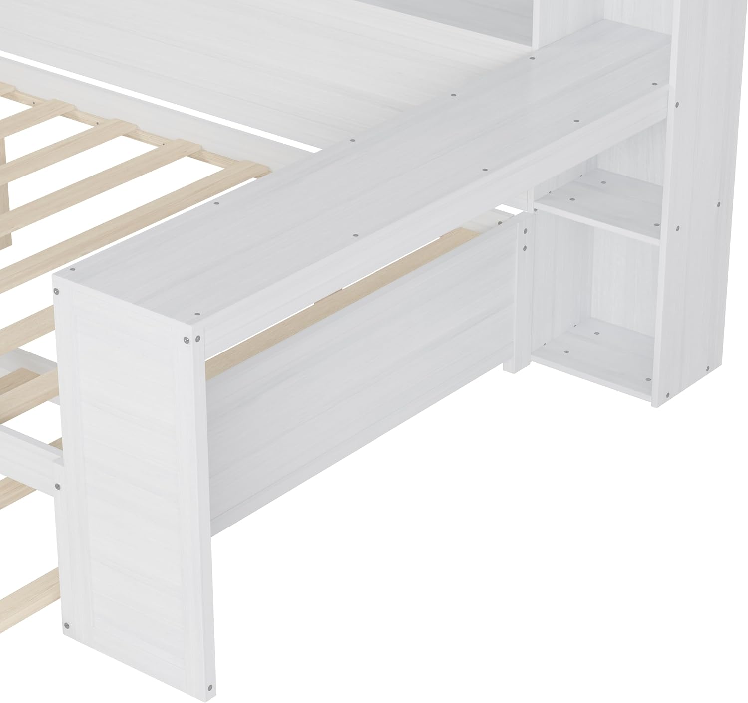 Wooden Full Size Corner Day Bed with Twin Trundle and Desk,L Shape Corner Daybed Frame with Storage Shelves and Wood Slat Support for Kids Teens Bedroom Guest Room,No Box Spring Needed,Antique White