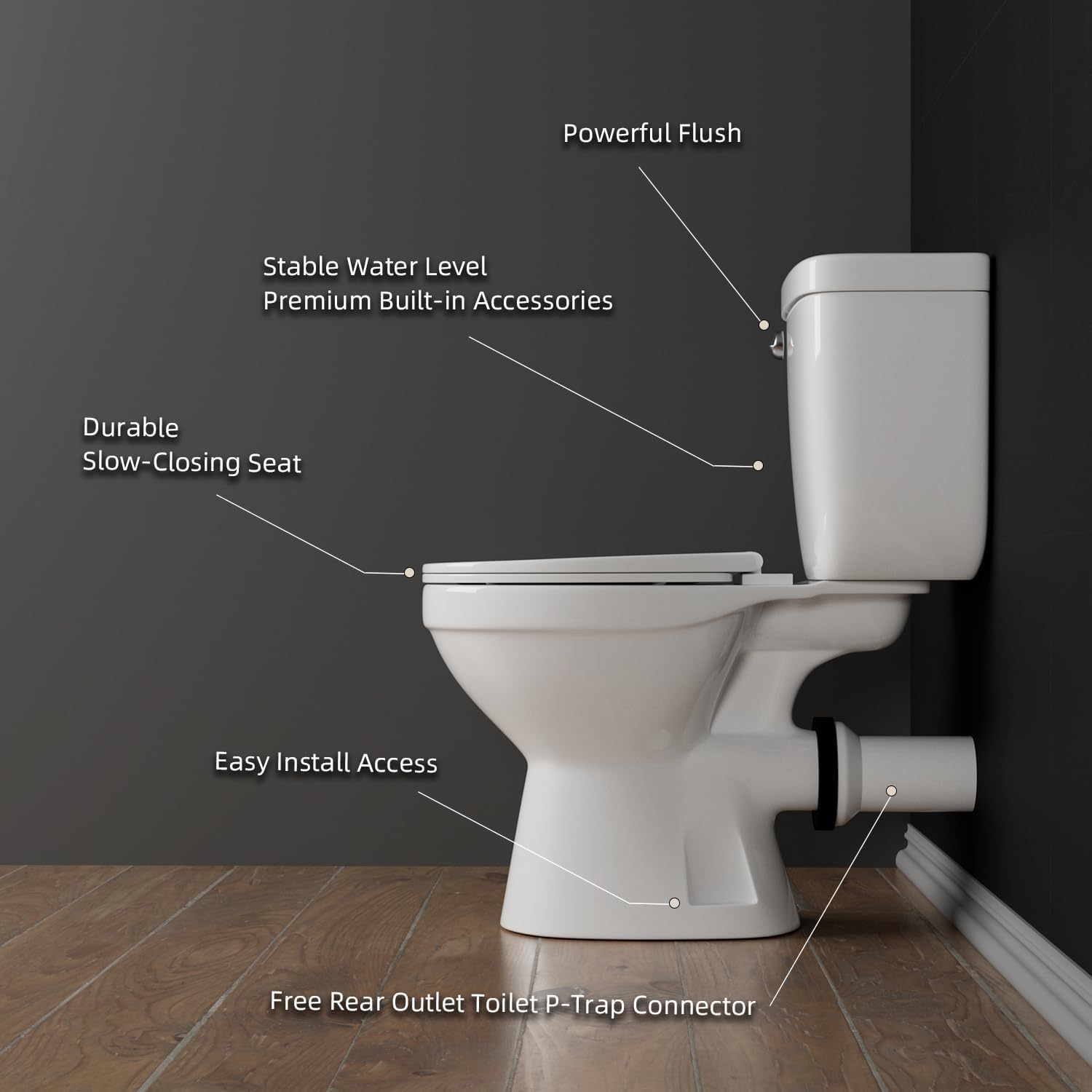 Rear Outlet Toilet with Tank: Powerful Flush & Space-Saving Design with Rear Discharge - Includes Extra Extension Pipe for Easy Installation