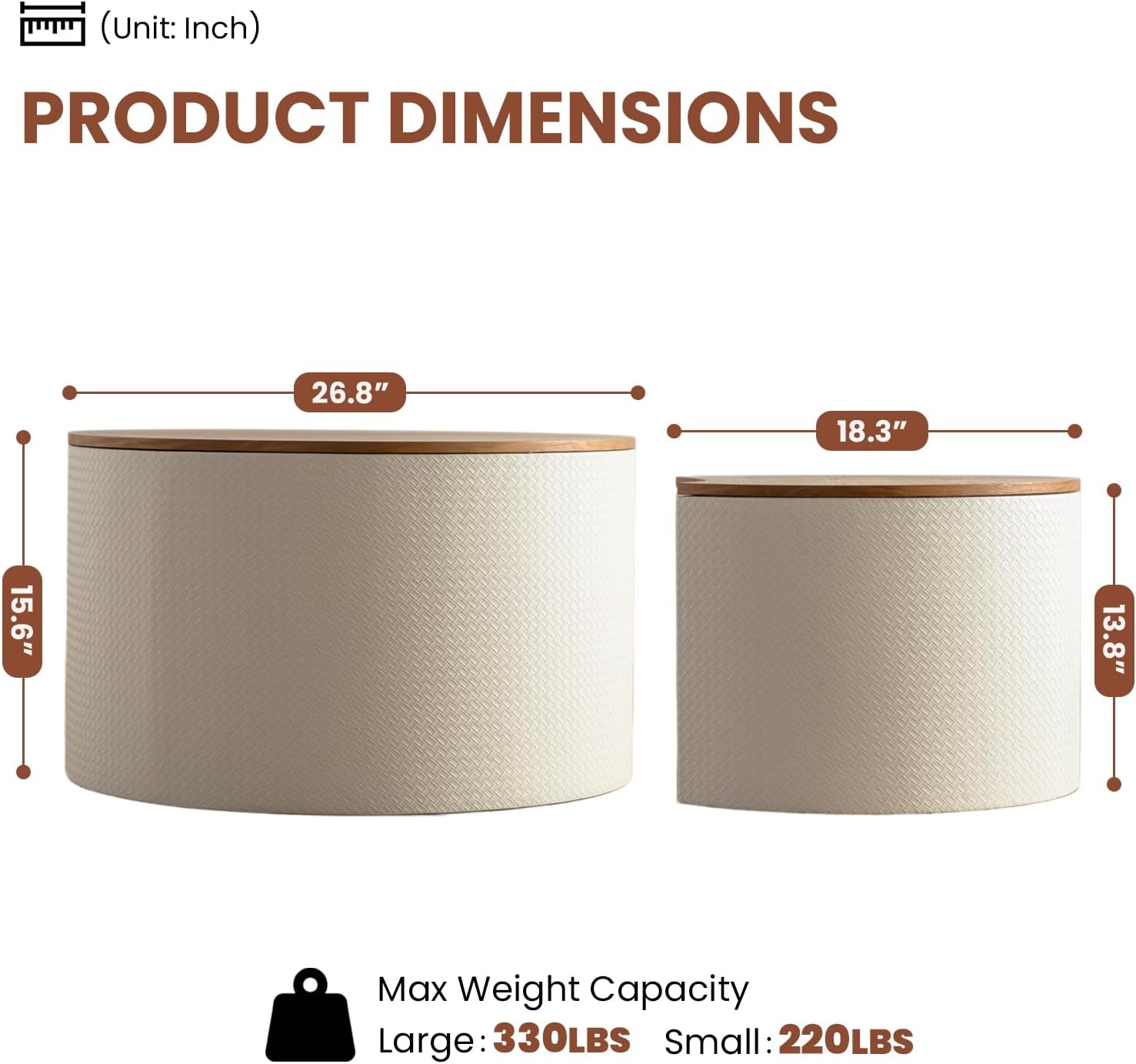Round Nesting Coffee Table Set of 2 with Storage Modern Wood Coffee Table MDF Frame and Leather Surface Center Table End Side Table for Living Room Bedroom Office, No Assembling (White)
