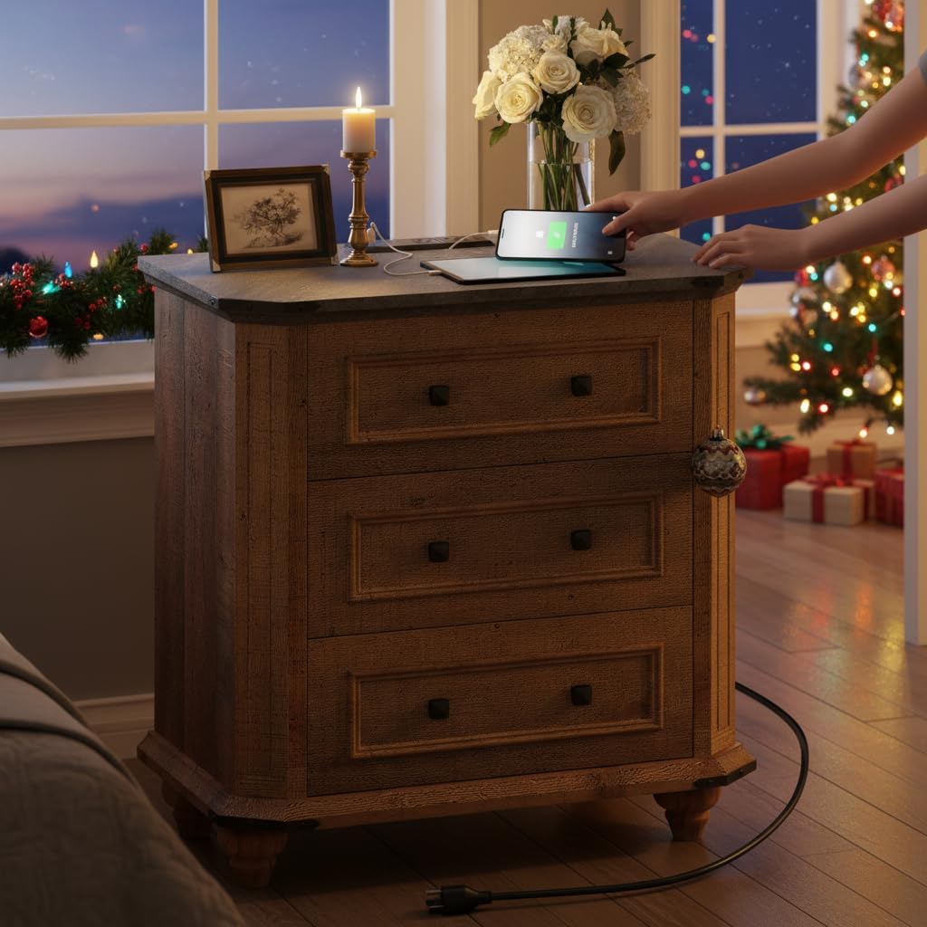 YITAHOME Nightstand Set of 2 with Charging Station, Farmhouse Side Table with 3 Drawers & USB Ports & Outlets, Night Stand Bed Side End Table with Storage for Bedroom Living Room Dorm Small Space