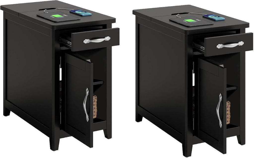LINSY HOME End Table Set of 2 with Charging Station, Modern Farmhouse Sofa Couch Side Table, Wooden Bedside Table for Living Room Bedroom, Narrow Nightstand with Storage for Small Space, Black