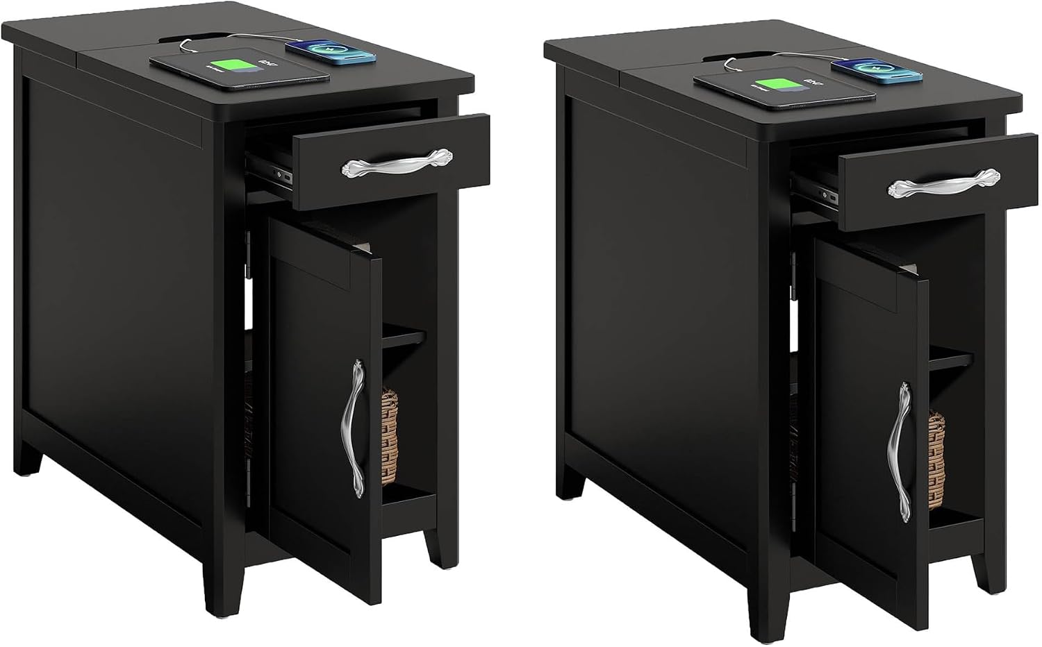 LINSY HOME End Table Set of 2 with Charging Station, Modern Farmhouse Sofa Couch Side Table, Wooden Bedside Table for Living Room Bedroom, Narrow Nightstand with Storage for Small Space, Black