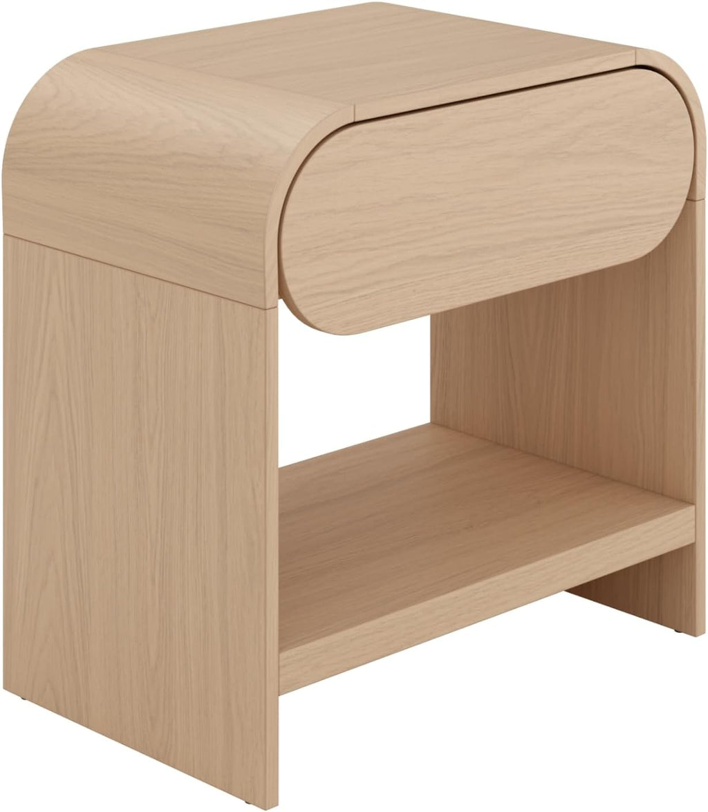 Nathan James Iris Mid-Century Modern Nightstand with Drawer, End Table with Storage for Bedroom or Living Room with Rounded Silhouette, Light Oak