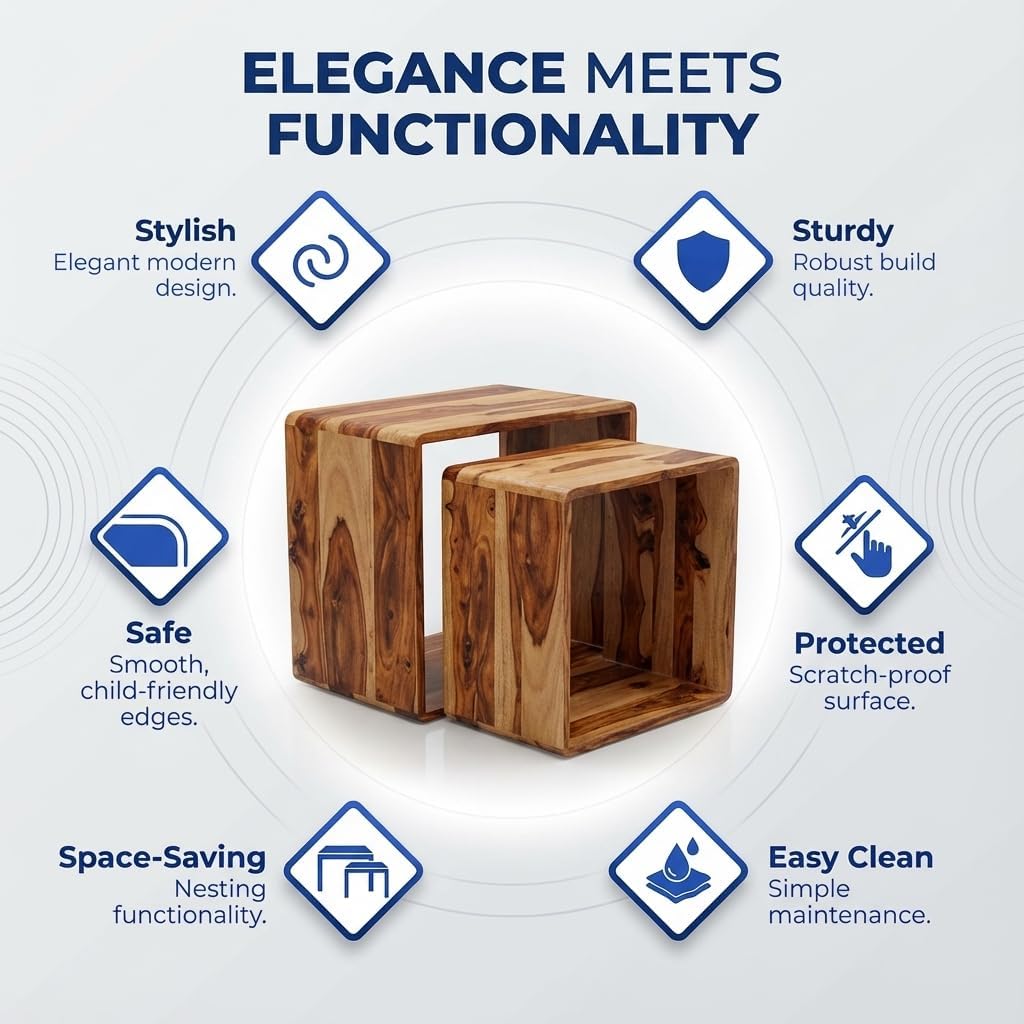Relso Cascade Nesting Tables for Living Room with Premium Sheesham Wood Construction | Nesting End Tables with Smooth Curved Edges for Safety and Sophistication | Solid Wood Nesting Tables Set of 2