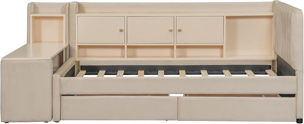Bellemave Twin Corner Bed with Storage Shelves and Desk, Upholstered Daybed with Bookcase and Drawers，Daybed with Storage, Beige