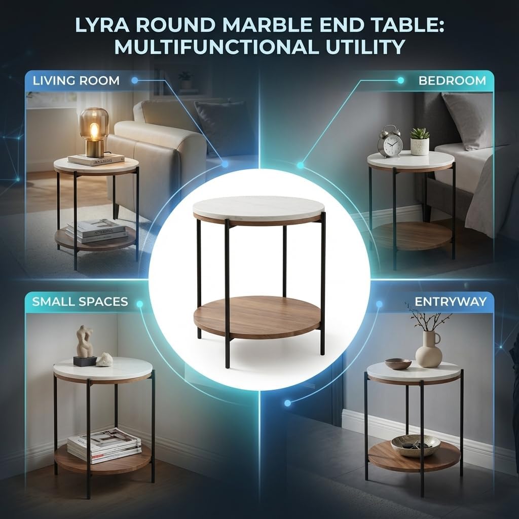 Lyra Round Marble End Table – Solid Acacia Wood Shelf, Open Storage Side Table for Living Room, Bedroom, Entryway, Small Spaces – Nightstand, Plant Stand, Modern Accent Table with Metal Frame