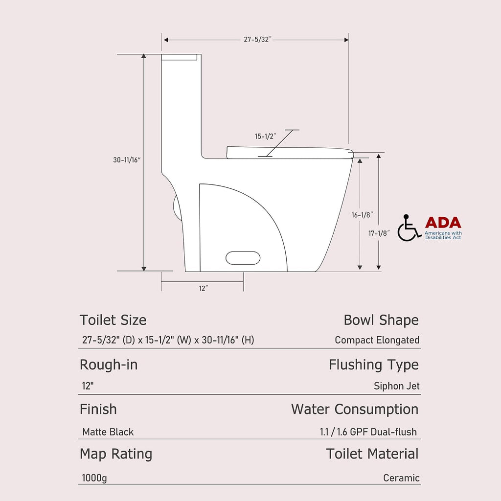 Dual Flush One Toilet, Water Saving Elongated Comfort Height Floor Mounted, Soft Close Seat, 1000 Gram Map Flushing SToilet, Matte Black GF 26T01 MB