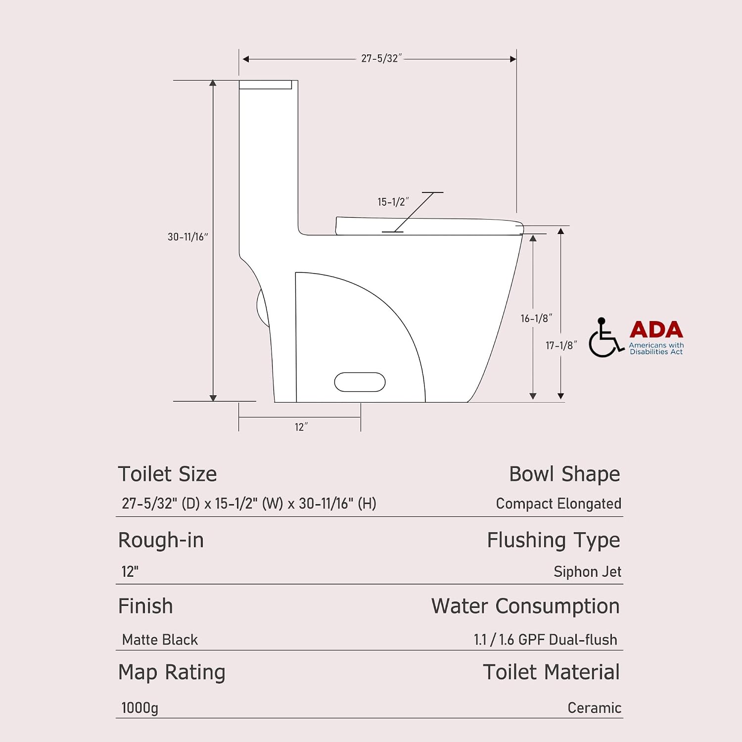 Dual Flush One Toilet, Water Saving Elongated Comfort Height Floor Mounted, Soft Close Seat, 1000 Gram Map Flushing SToilet, Matte Black GF 26T01 MB