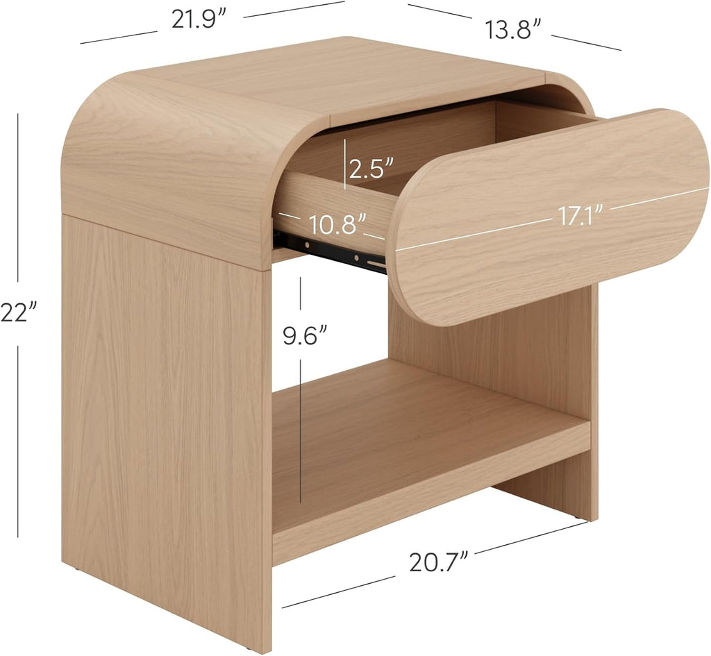 Nathan James Iris Mid-Century Modern Nightstand with Drawer, End Table with Storage for Bedroom or Living Room with Rounded Silhouette, Light Oak