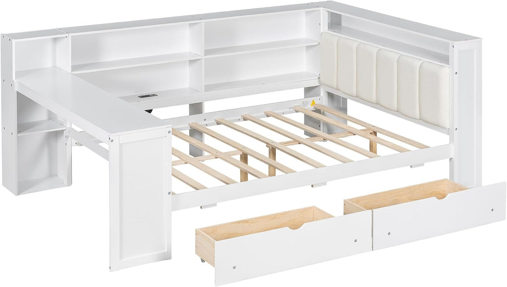 Bellemave Full Corner Bed with Storage Shelves and Desk, Upholstered Headboard Daybed with Bookcase and Drawers，Daybed with Storage, White+Beige Cushion