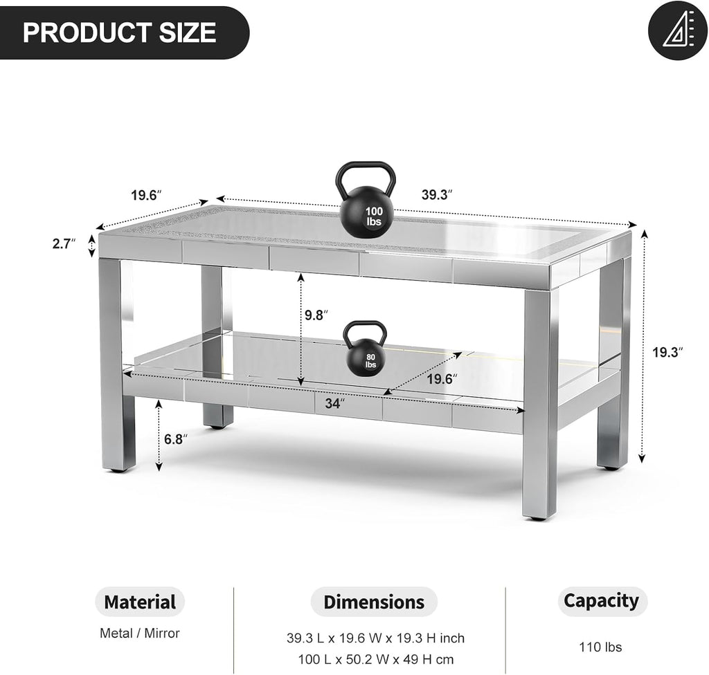 IKIFLY Mirrored 2 Tiers Coffee Table with LED, Rectangle Mirrored Coffee Table with Crushed Diamond and Stainless Steel Legs, Silver Living Room Table