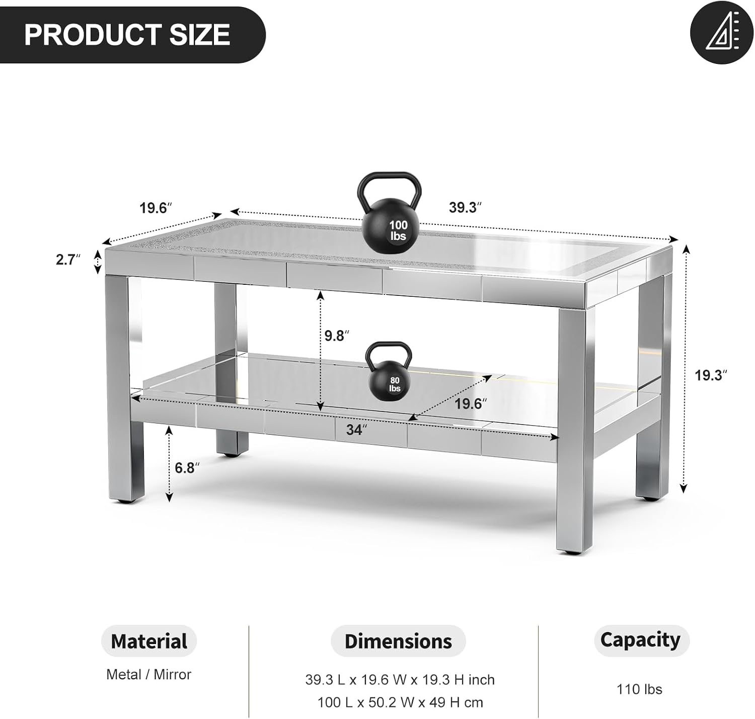 IKIFLY Mirrored 2 Tiers Coffee Table with LED, Rectangle Mirrored Coffee Table with Crushed Diamond and Stainless Steel Legs, Silver Living Room Table