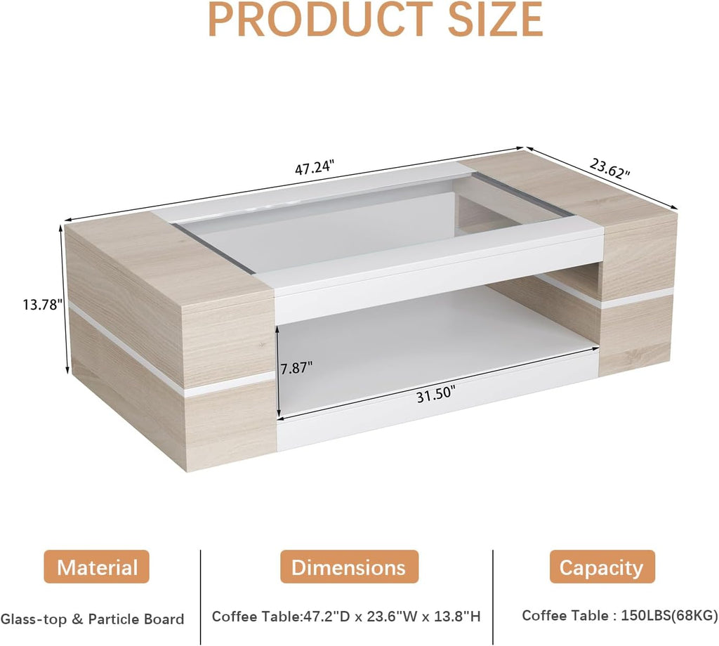HedoAjim 47.2' Modern Stylish Coffee Table with Glass Table Top, Large Living Room Table Rectangular 2-Tier Center Tables with Storage, Wood Cocktail Tea Tables for Dining Reception Room Natural
