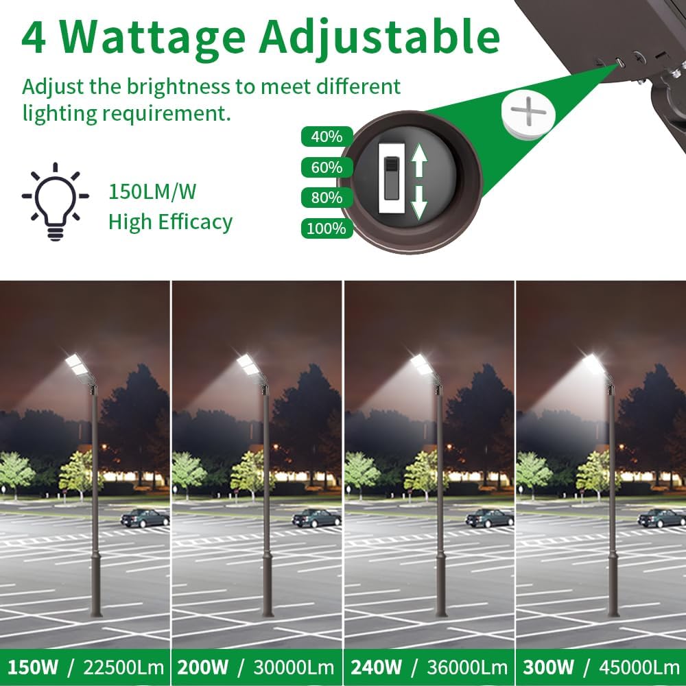 LED Parking Lot Light with Photocell and Slip Fitter Mount ETL 1PK | 300W to 150W Selectable 5000K to 3000K, 120-277V, Dusk to Dawn 0-10V Dimmable Shoebox Light, IP65 Outdoor Area Lighting