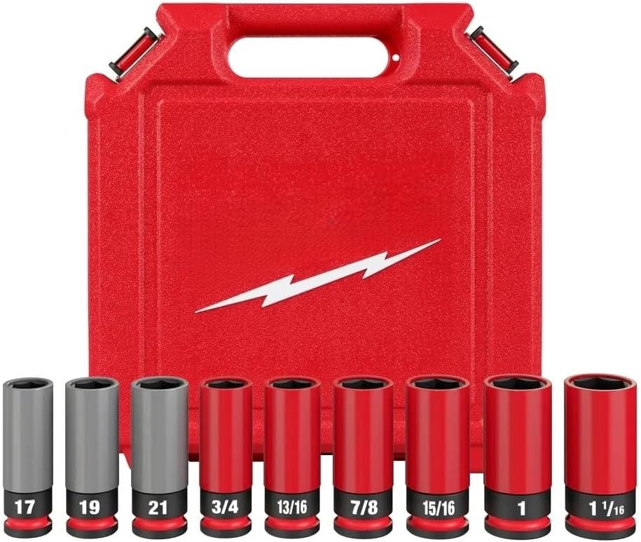 9pc 49-66-7832 Socket Set for Milwaukee Impact Duty 1/2 Drive Sae & Metric Lug Nut - Red, Gray