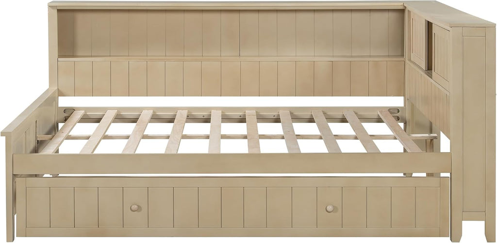 MERITLINE Full Size L-Shaped Daybed with Storage Shelf and Trundle, Wood Corner Bed with Headboard for Bedroom Living Room, Space Saving, Antique White Milk