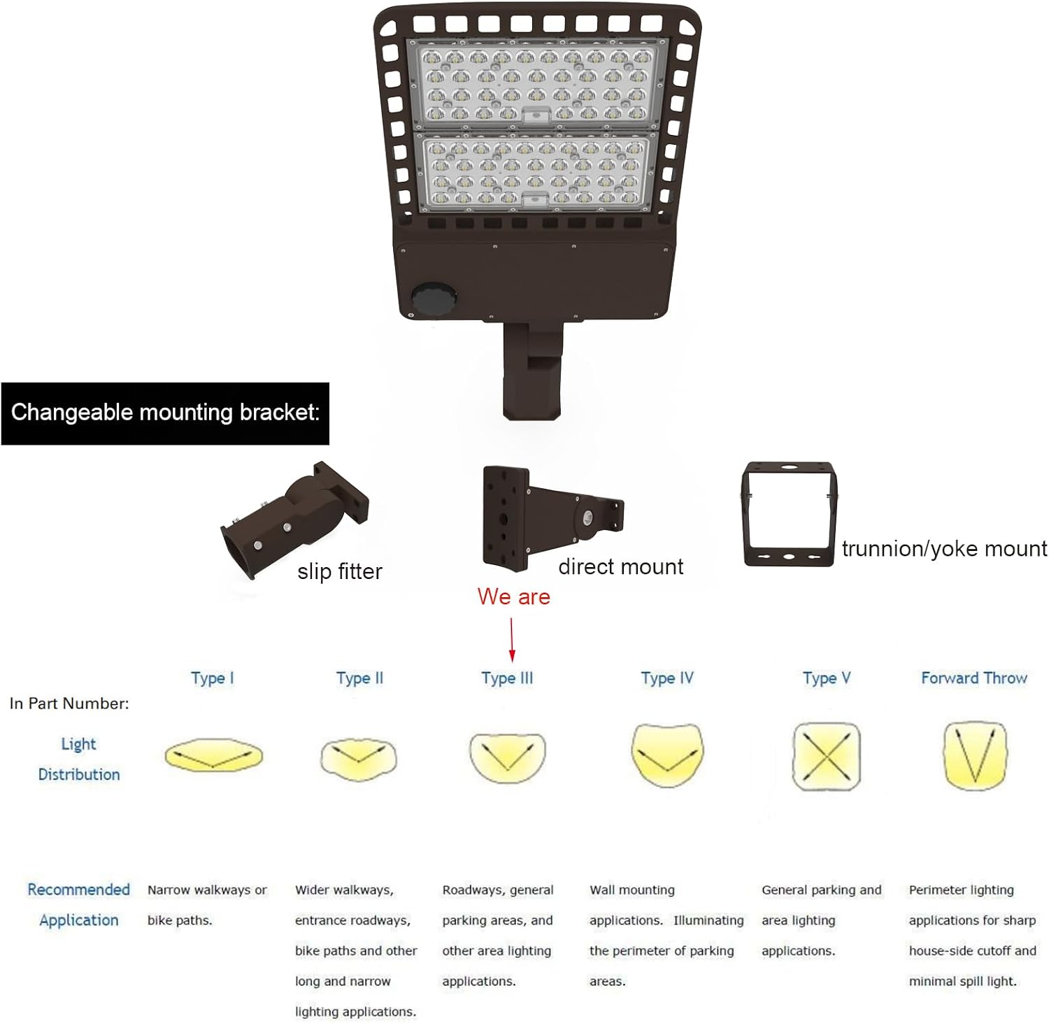 Power Adjustable 200W 240W 300W 277V 480V LED Parking Lot Light Exterior Bronze Street Pole Shoebox Lighting Fixtures 5000K for Sport Court, 600W-1000W MH HPS Equal (Direct Mount)