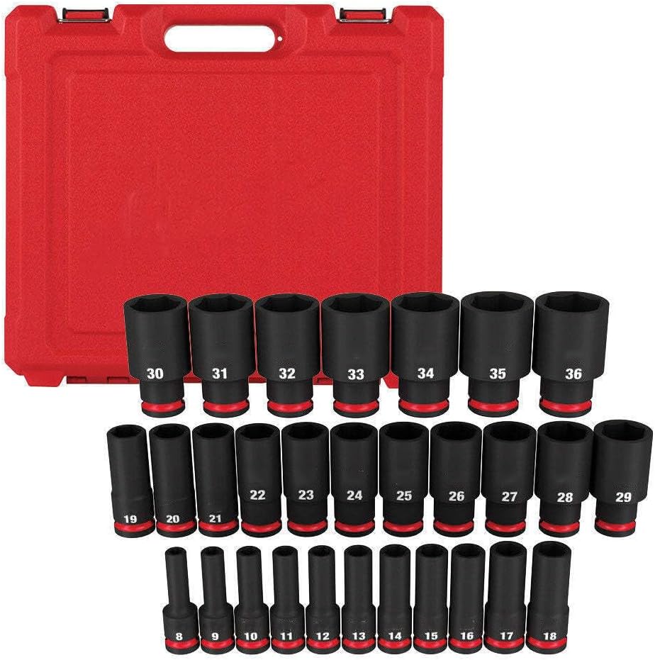 Socket Set For Milwaukee 49-66-7015 1/2'' Drive Metric 6 Point Impact Socket Set (Size:17 x 3 x 15 in) - 29PC, Red,black