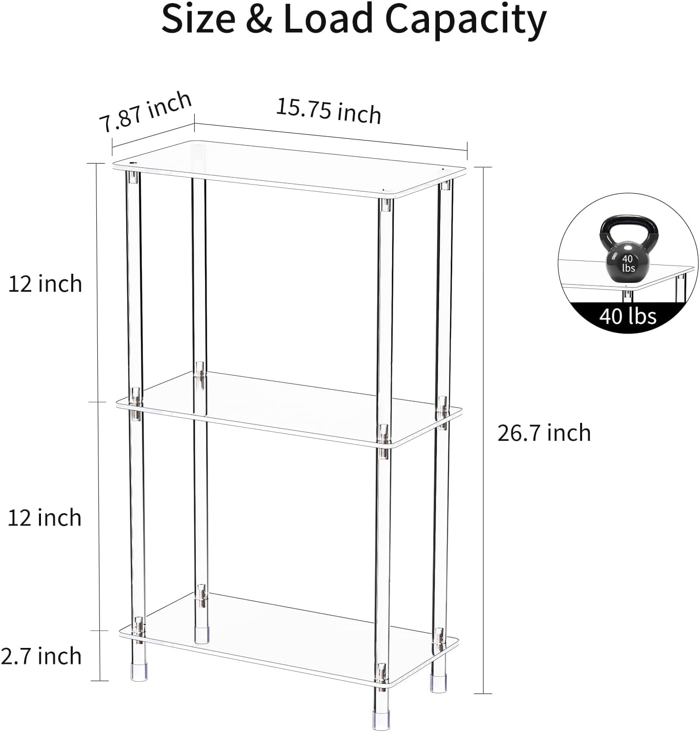 Clear Acrylic Narrow Side Table Set of 2 for Small Spaces, 15.75' L x 7.87' W x 26.7' H, 3 Tier Rectangle Slim End Table Nightstand, Small Mini Skinny Bedside Table for Bedroom, Living Room