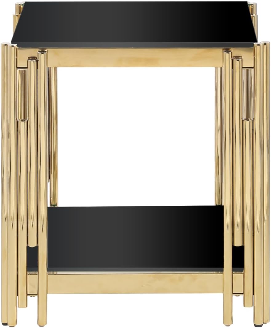 JIJIWANG 22' Small Square End Table, Side Table with Double-Layer Tempered Black Glass & Gold Stainless Steel Frame for Bedroom Living Room, Easy to Assemble Black