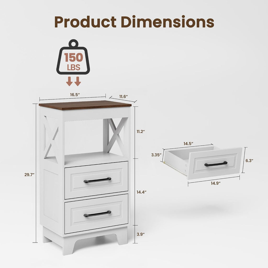 Tall Nightstand Set of 2 Side Table with 2 Drawers Modern Night Stand Wooden Rustic End Table Bedside Table with Below Open Shelf Solid Feet for Bedroom White+Walnut
