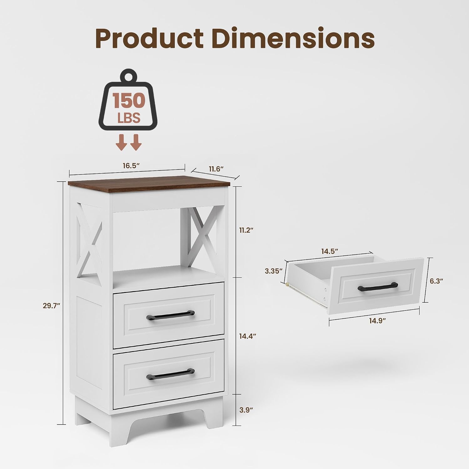 Tall Nightstand Set of 2 Side Table with 2 Drawers Modern Night Stand Wooden Rustic End Table Bedside Table with Below Open Shelf Solid Feet for Bedroom White+Walnut